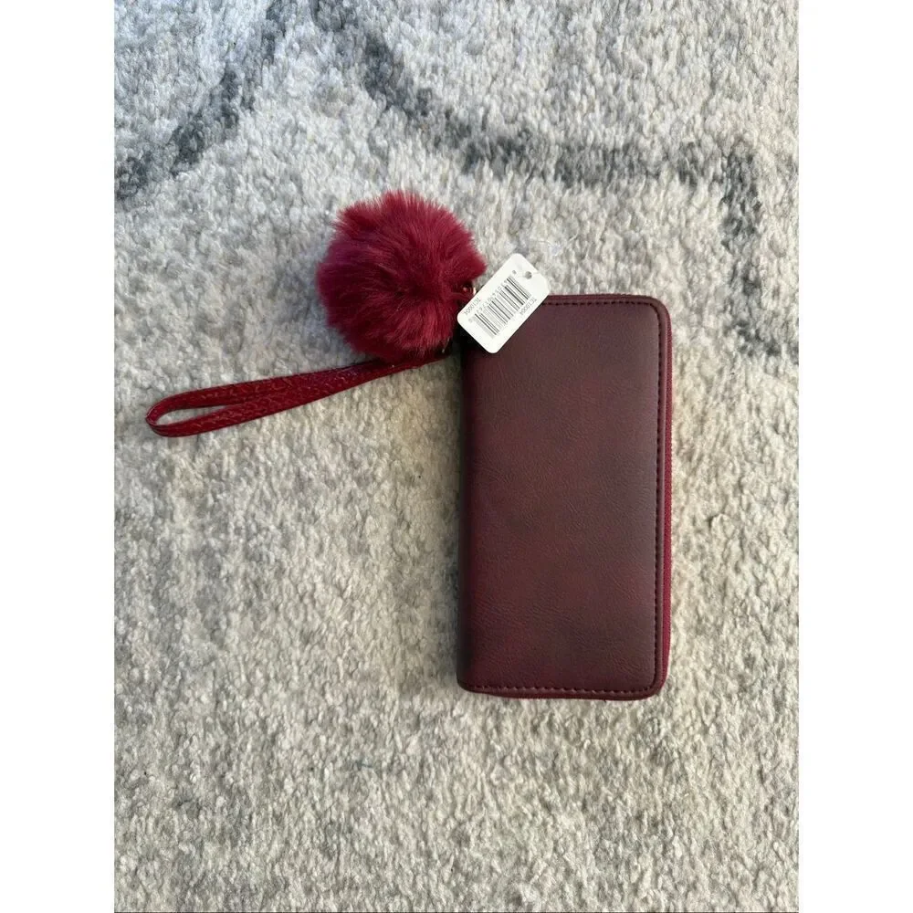 NWT Kendall & James Burgundy Zip Top Wallet with Poof Ball Keychain